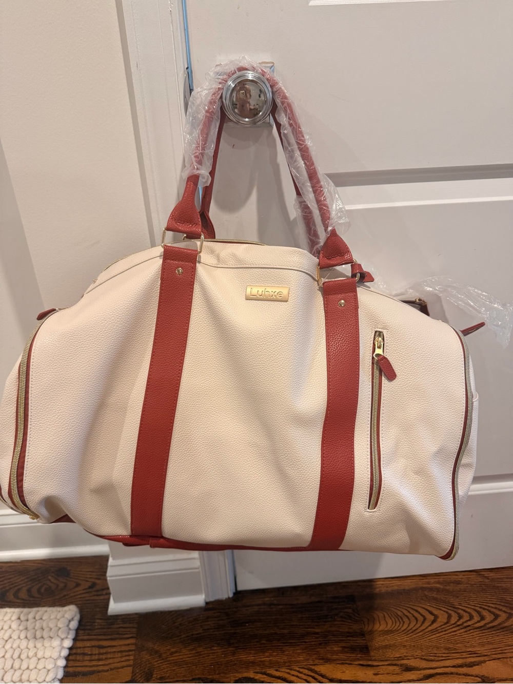 Luxe Cream and Red Travel Duffel Bag